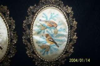 Vintage Ornate Oval Brass Frames with Silk Bird Pictures  