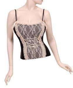 Tan Khaki black lace up corset top blouse  