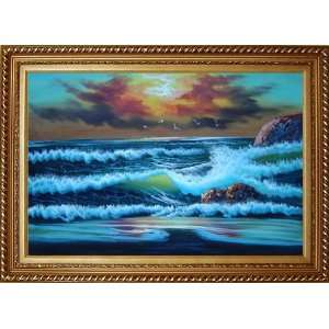  Flying Seagulls Over Sea Waves On Sunset Oil Painting 