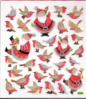 Christmas Santa Robin bird stickers w/ glitter accents  