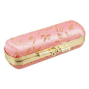  Flower Embroidered Kiss Lock Gold Tone Pink Lipstick Case Beauty