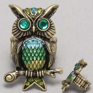  Womens Owl Ring, Gold & Green, Stretchable, Size : 1 W, 1 