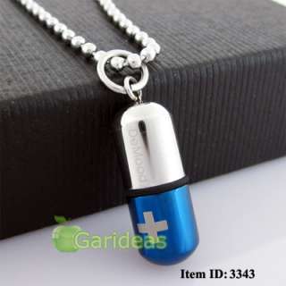 Stainless Steel Silver&Blue Pill Cross Chain Pendant Necklace Gift 