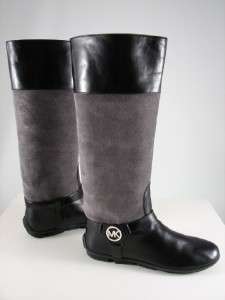 245 Michael Kors Size 7.5M Black Grey Yates Flat Suede Leather Boots 