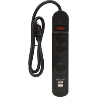 GE 3 Outlet Surge Strip with USB, 2.5 ft. Cord, 800 Joules, Black 