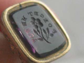   VICTORIAN 9ct GOLD INTAGLIO FORGET ME NOT AMETHYST FOB SEAL PENDANT