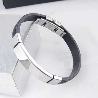 Classic mens Style black silicone Titanium Steel Bracelet Bangle Free 