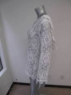 NWT Nightcap White Long Sleeve Sheer Crochet Hooded Cover Up Tunic 2 