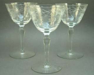 Vintage Optic Floral Etched Glass Sherry Wine Goblets  