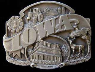 Very nice Iowa Belt Buckle features various icons of Iowa in high 