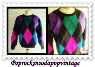   80s Shimmer New Wave Argyle Oversized Slouch Sweater Top  