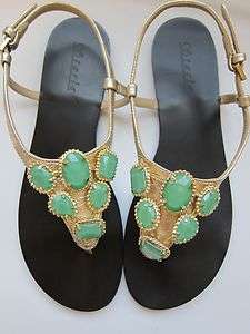Starla Sandals Emerald gold leather Embellished Jeweled flat dressy 