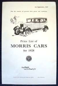MORRIS CARS 1928 SALES BROCHURE COWLEY OXFORD VANS  