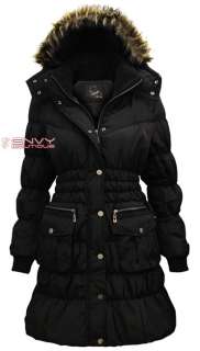 NEW LADIES QUILTED PADDED FAUX FUR HOOD LONG PARKA JACKET COAT WOMENS 