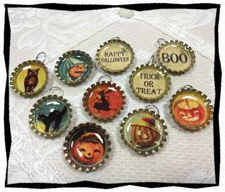 Vintage Style Halloween Bottlecap Charms Set of 10~Charms~Owl~Cat 