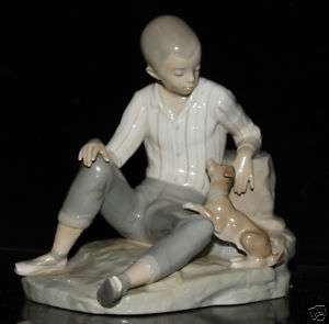 large vintage Lladro Porcelain boy dog group Figurine  