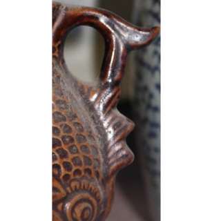 ANTIQUE CHINESE SMALL BROWN CERAMIC FISH SHAPED TEAPOT TEA POT  