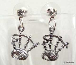 Antique Silver Pewter Scottish Bagpipes Crystal Earring  