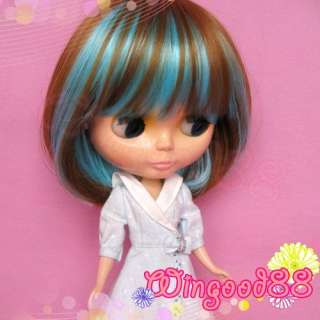 Blythe Doll Hair Wig Blue & Brown Bob Highlight Short  