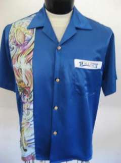 Rockabilly 50s FAITH Tattoo Bright Blue Bowling Shirt M  