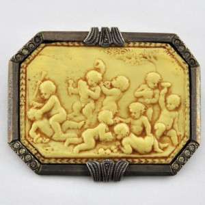 Antique Sterling Cherubs Playing Celluloid Brooch /Pin  