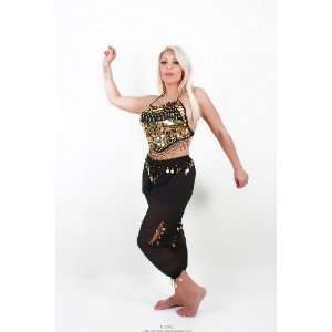  Beaded Top & Harem Pants Belly Dance Costume (Black/Gold 