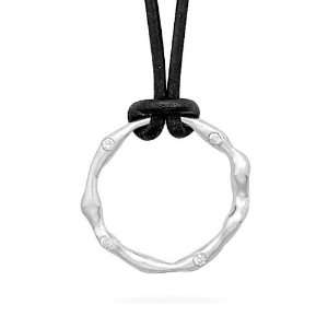   Inch Black Leather Necklace and Open Circle Pendant with CZs Jewelry