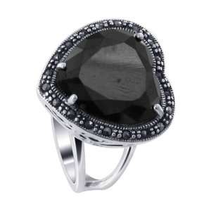   Heart Marcasite Decorated Band 16mm Heart Black Onyx Stone Ring Size 8