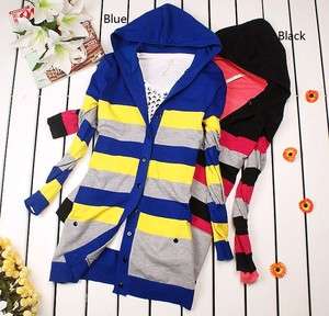   colorful stripes Red Hoodie knitting Cardigan Sweater Tops M ZF46
