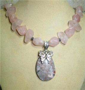   CHUNKY ROSE QUARTZ NUGGET BEADED FINE STERLING SILVER NECKLACE