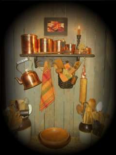 Primitive Gathering Shelf~Copper Canisters~Tea Kettle~Basket~Candles 