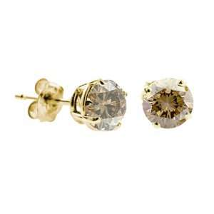  2 CT Champagne Diamond Stud Earrings 14k Yellow Gold (I1 