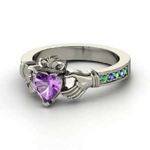  Claddagh Ring, Heart Amethyst Palladium Ring with Emerald 