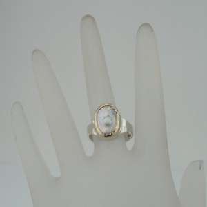 Hadar Designers Israel Hand Made sz 8 Artistic Gold Silver Pearl Ring 
