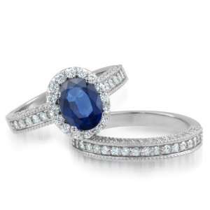  Sapphire Diamond Engagement Wedding Ring Bridal Set 14k White Gold 