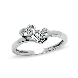 Diamond Accent Seven Stone Double Heart Ring in 10K White Gold   Size 