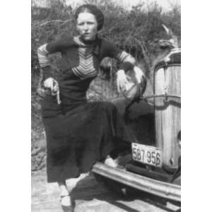 Bonnie Parker in Front of a Stolen Ford Posing with a Gun 8x10 Reprint 