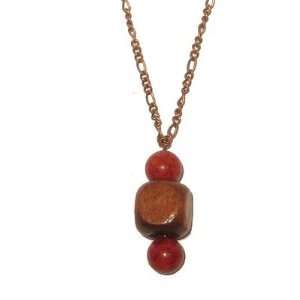 Coral Necklace 04 Red Stone Brown Wood Cube Copper Chain 
