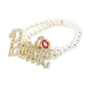 Nicki Minaj Barbie Stretch Pearl Bracelet Gold Tone White Crystals