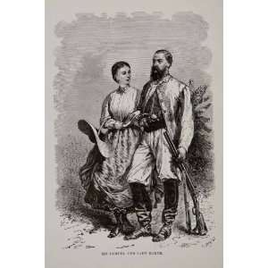  1884 Wood Engraving Sir Samuel Baker Wife Explorer Africa 