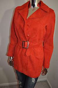   VINTAGE 70S SUEDE LEATHER RED BELTED SPY MOD TRENCH COAT JACKET SMALL