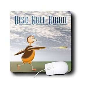   Golf Birdie a disc golfing bird throws a frisbee towards the basket