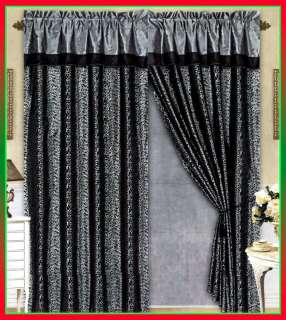 Black/Grey Flocking Leopard Satin Window Curtain Drape Set+Sheer Liner 