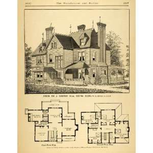  1879 Print Suburban Villa Architectural Design Floor Plans 