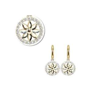   Fancy Flower Wheel Design Dangling Earring with Sparkly Created Gems