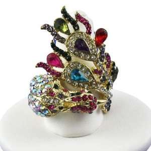   Gold Tone Multi Color Rhinestone Studded Peacock Wrap Stretch Ring