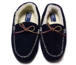 Polo Ralph Lauren Shearling Suede Navy Sheep Leather Tie Slippers 