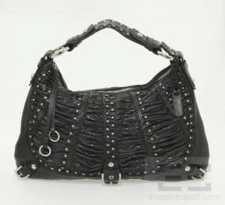   Fiore Black Embossed Ruched Leather & Silver Studded Hobo Bag  