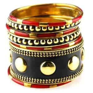  Gypsy Bangle Bracelet Set of Seven in Brass Tones Jewelry