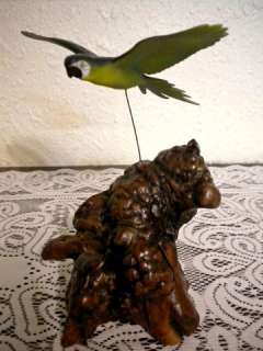 BLUE MACAW PARROT BIRD SCULPTURE STATUE   FLYING OVER WOOD BASE 